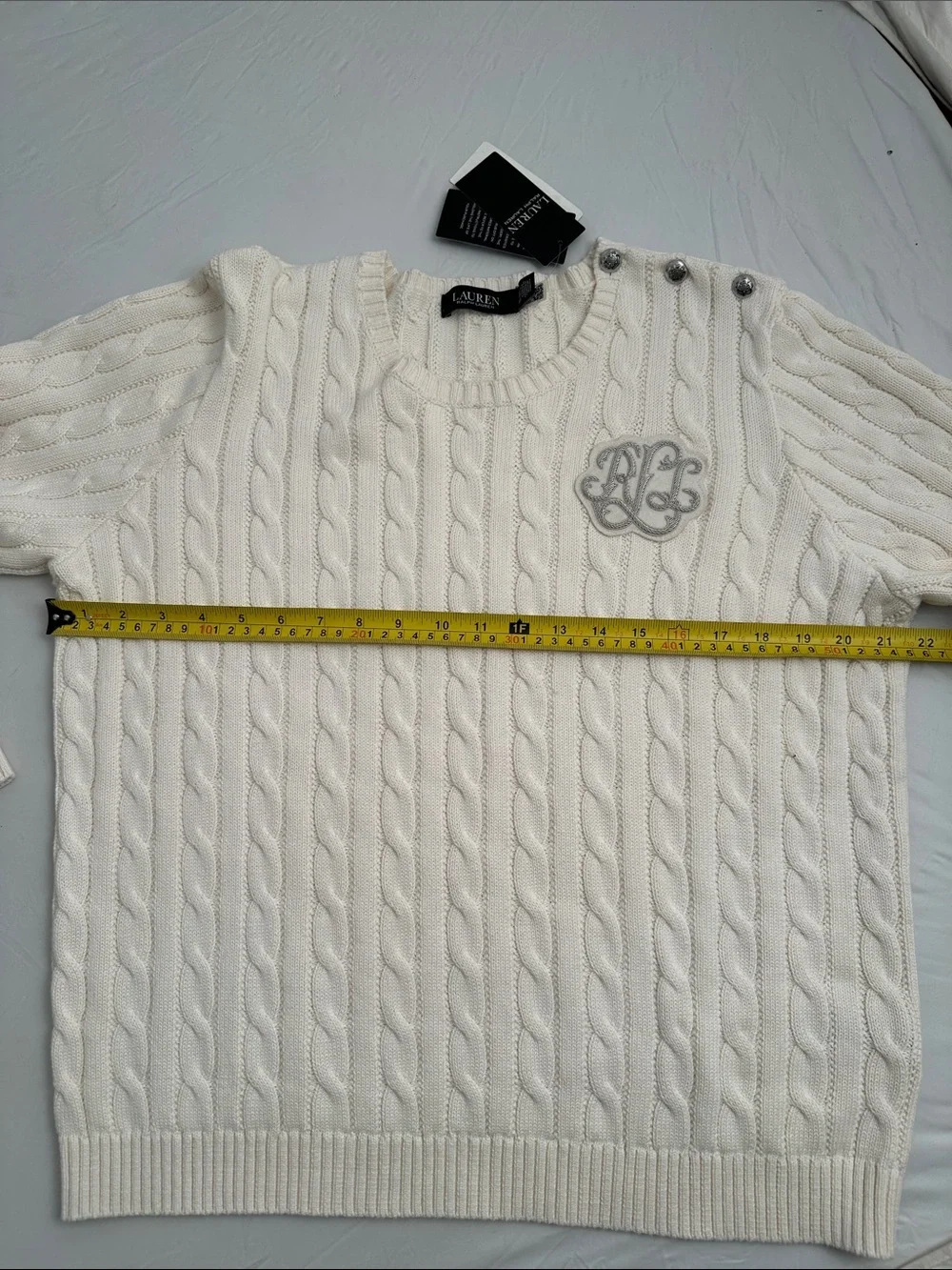 Ralph Lauren Winter Cream cable knit crew neck sweater with appliqué & buttons